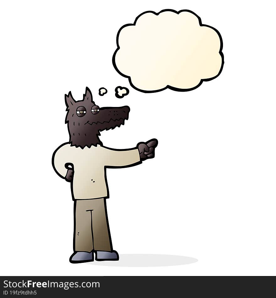 cartoon pointing wolf man with thought bubble