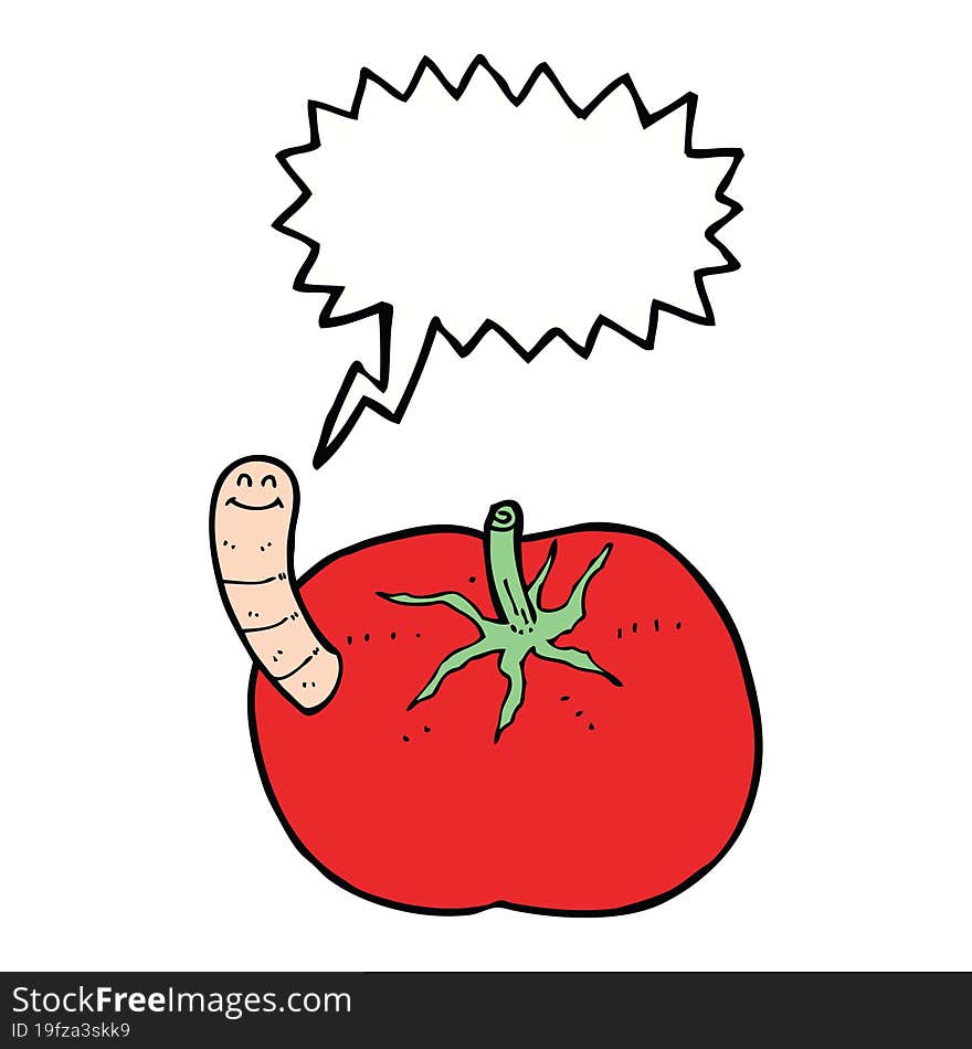 cartoon tomato with worm with speech bubble