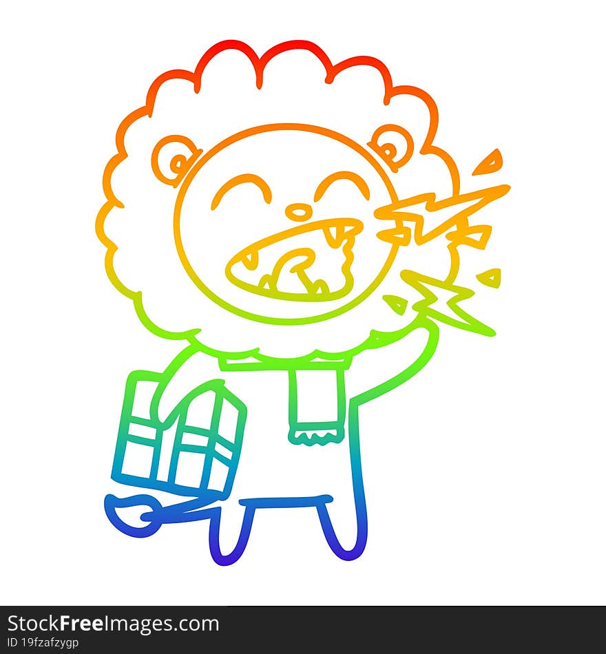 rainbow gradient line drawing cartoon roaring lion with present