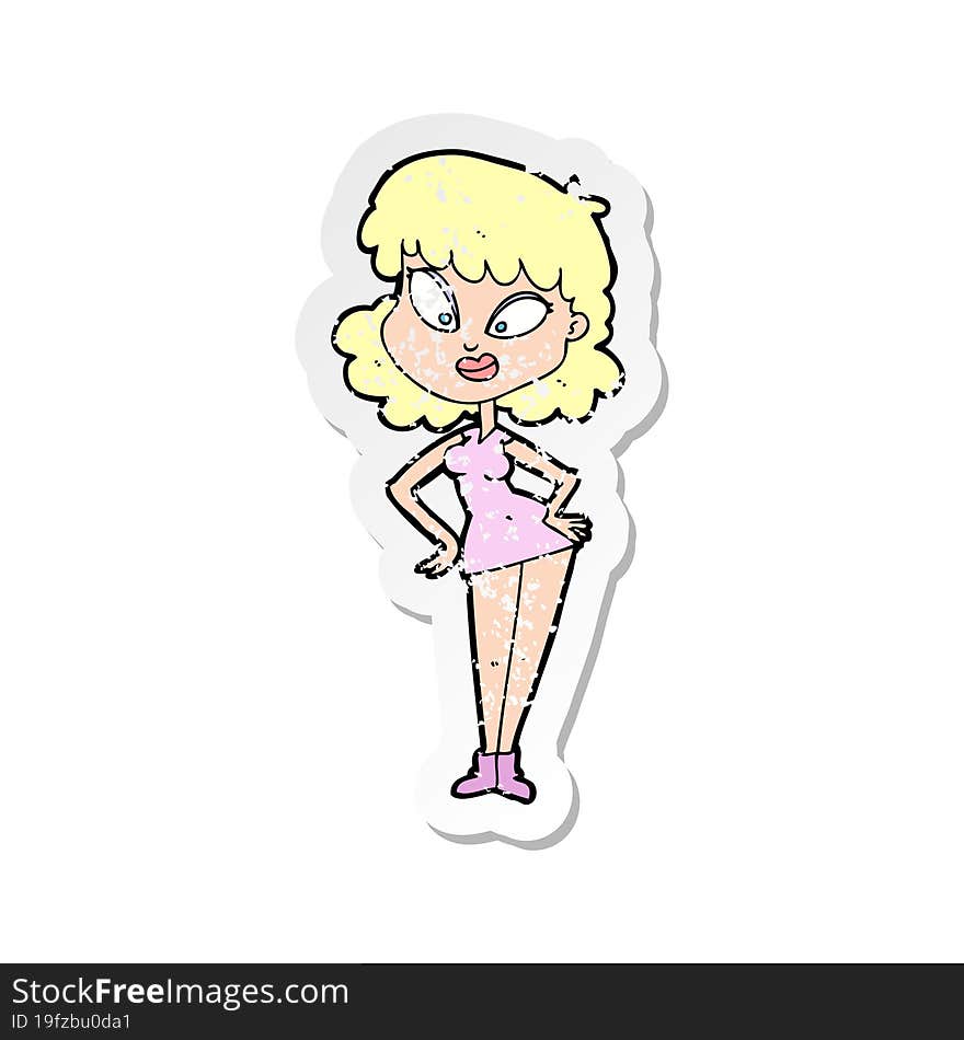 retro distressed sticker of a cartoon woman with hands on hips