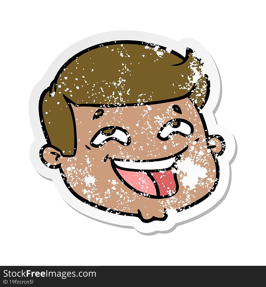 distressed sticker of a happy cartoon male face