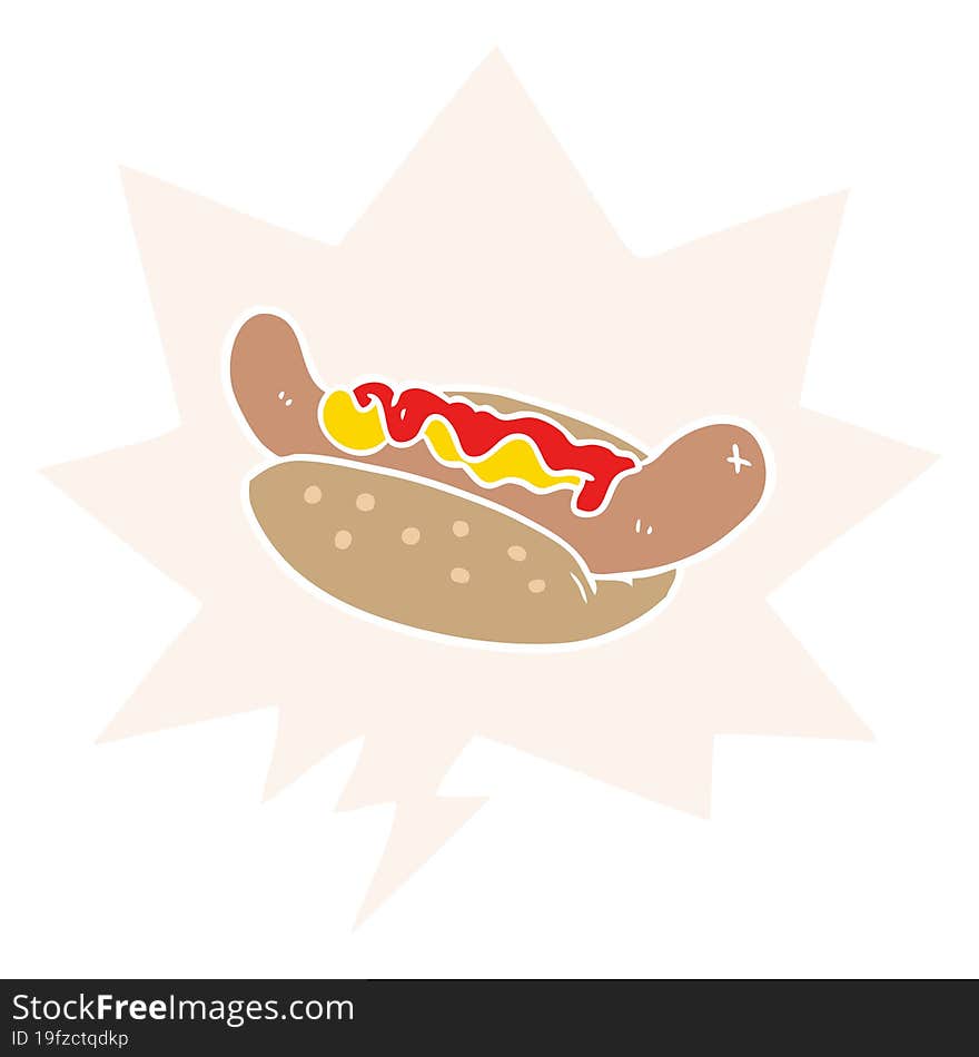 Cartoon Fresh Tasty Hot Dog And Speech Bubble In Retro Style