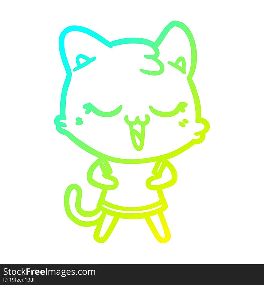 cold gradient line drawing of a happy cartoon cat