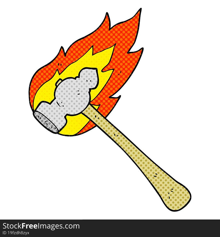 comic book style cartoon flaming hammer