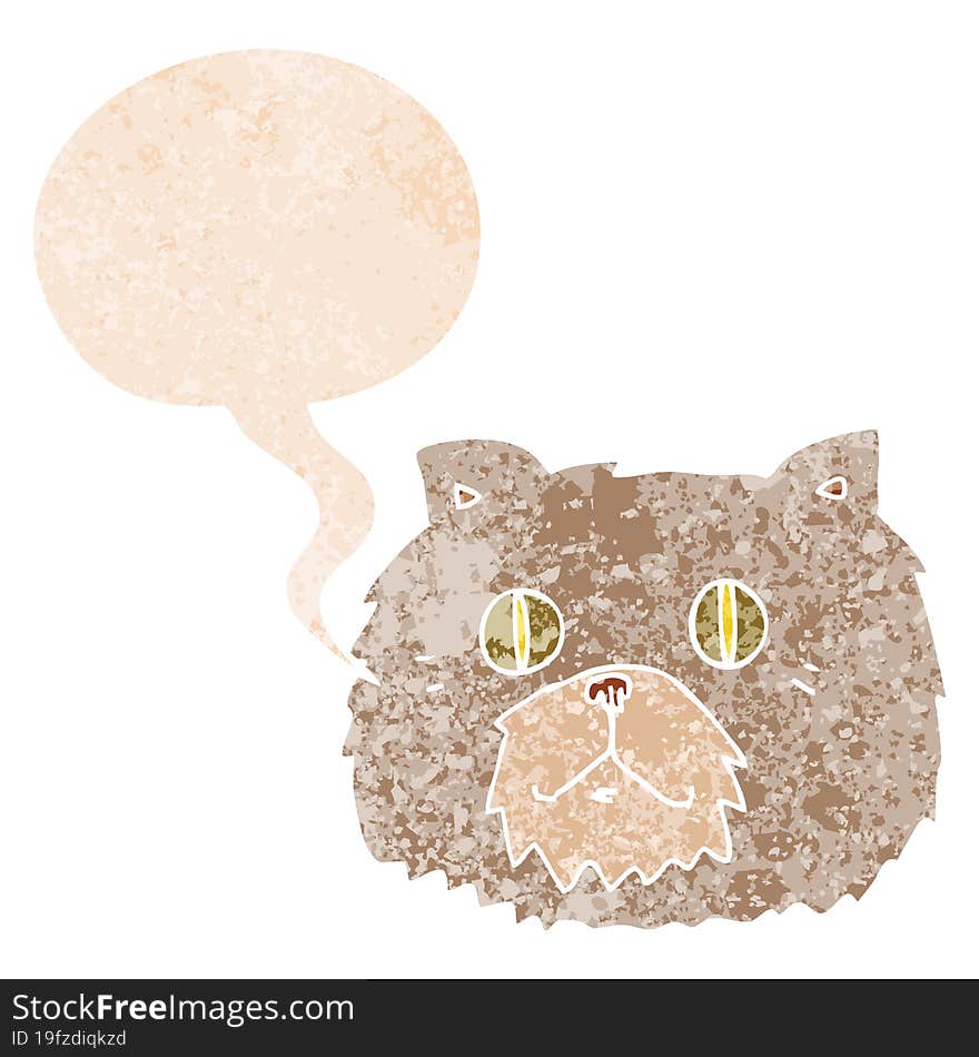 cartoon cat face and speech bubble in retro textured style