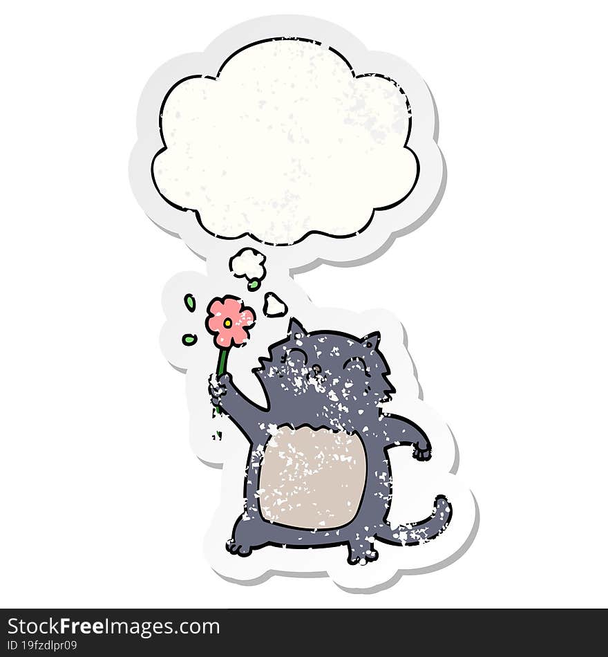 cartoon cat with flower and thought bubble as a distressed worn sticker