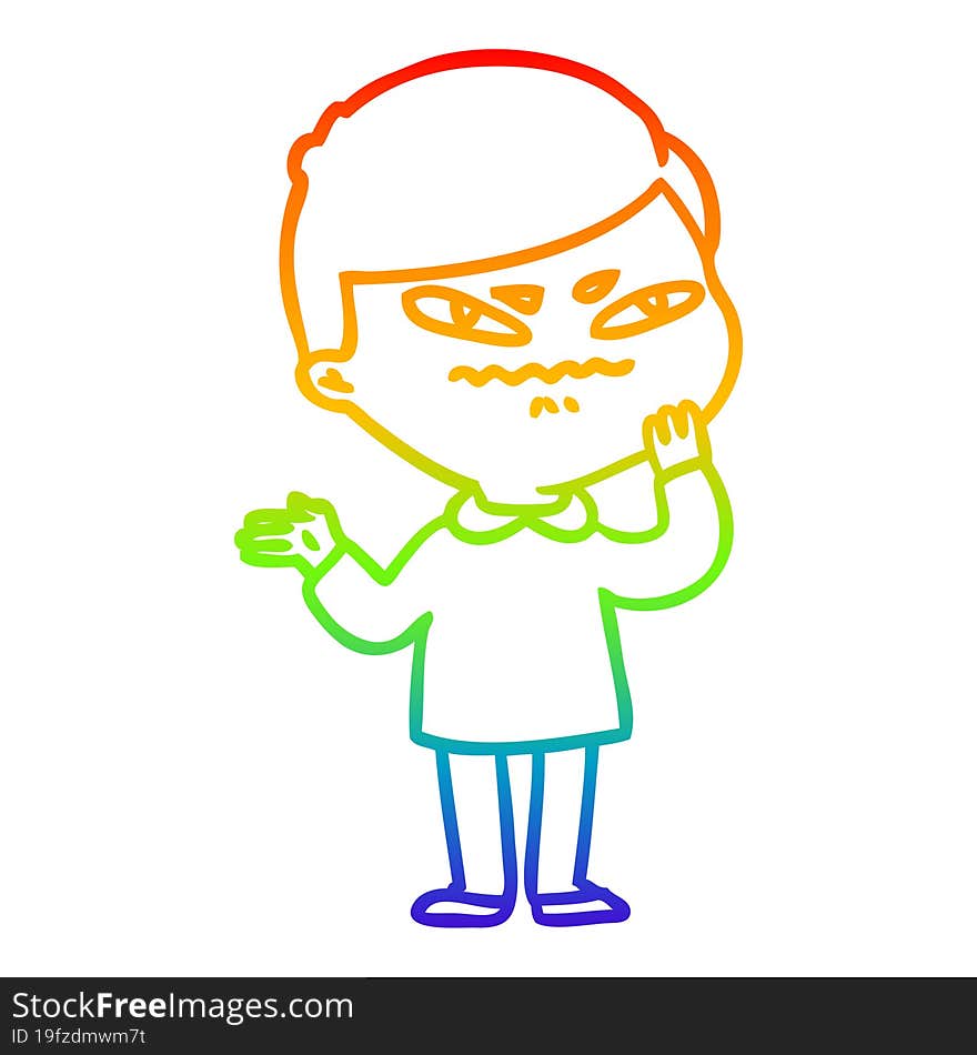 rainbow gradient line drawing of a cartoon angry man