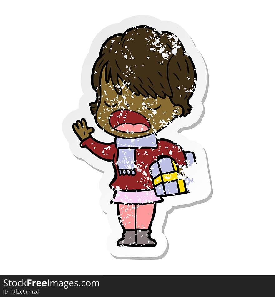 distressed sticker of a cartoon woman talking