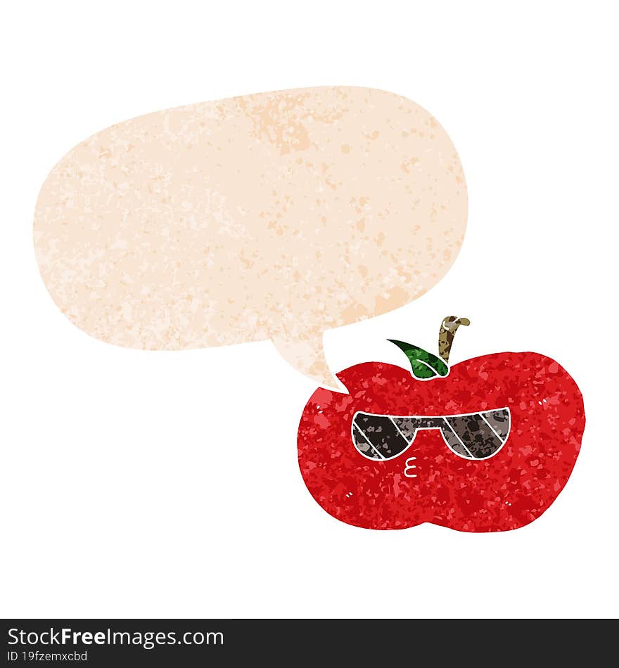 cartoon cool apple and speech bubble in retro textured style