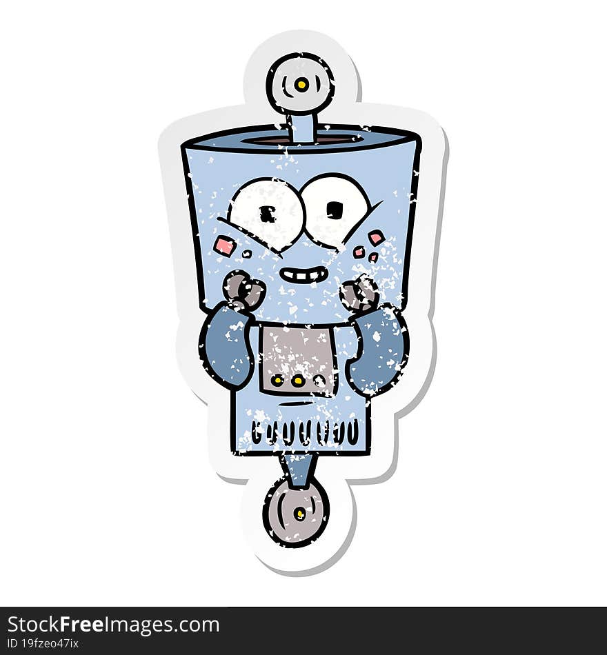 distressed sticker of a happy cartoon robot