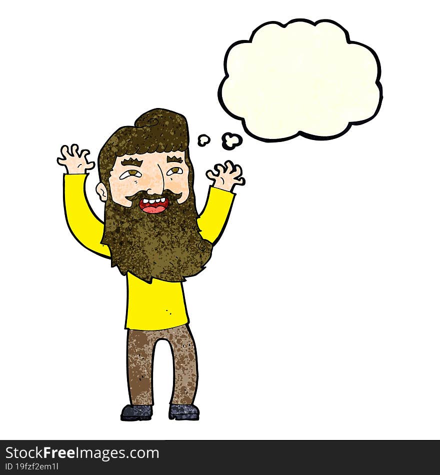 cartoon happy bearded man waving arms with thought bubble