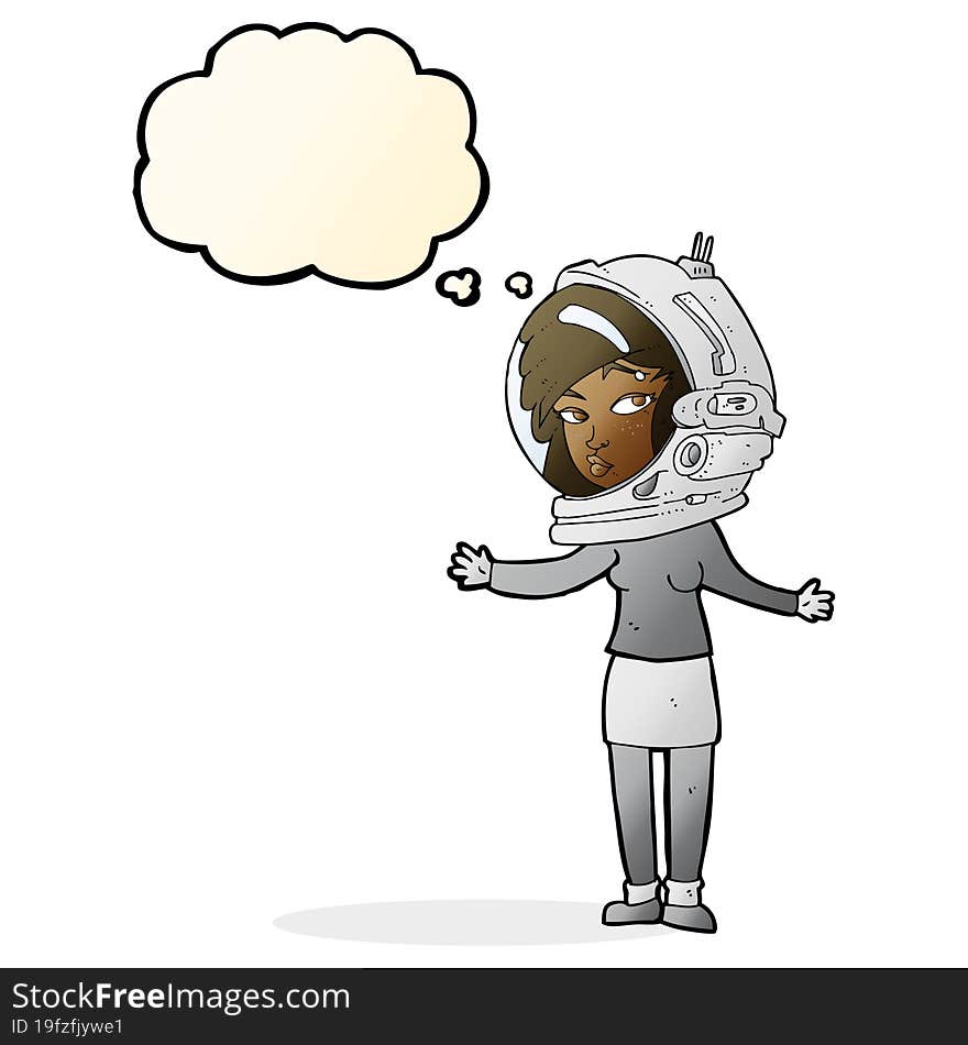 cartoon woman wearing astronaut helmet with thought bubble