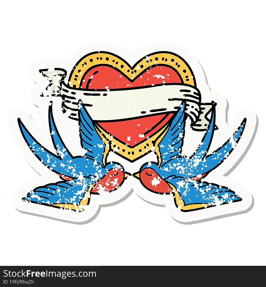 traditional distressed sticker tattoo of a swallows and a heart with banner