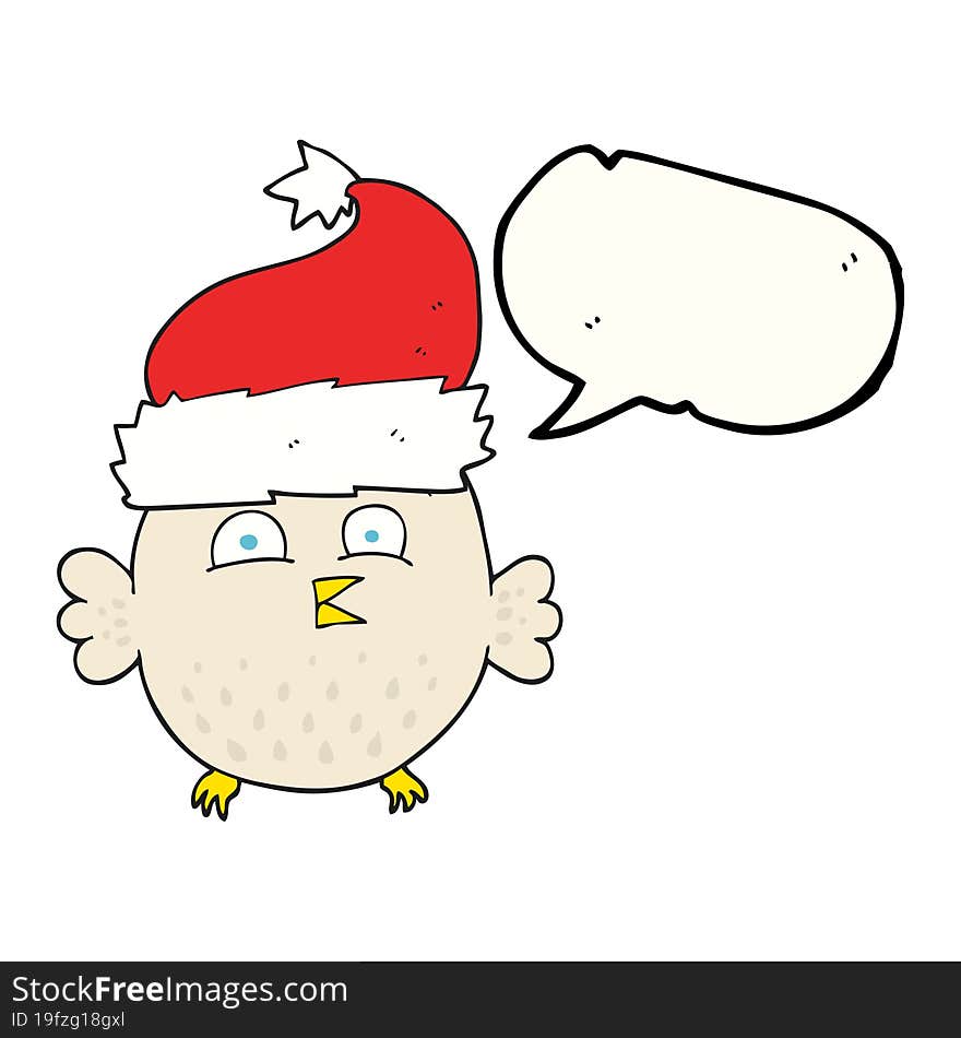 freehand drawn speech bubble cartoon owl wearing christmas hat