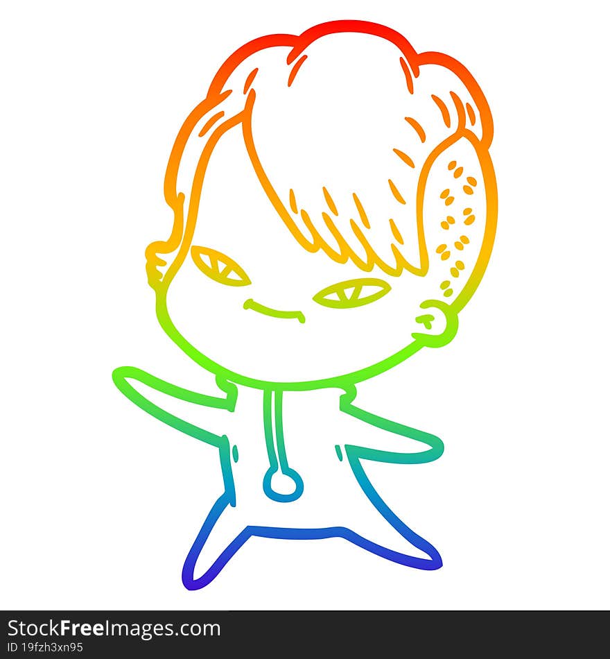 Rainbow Gradient Line Drawing Cute Cartoon Girl With Hipster Haircut