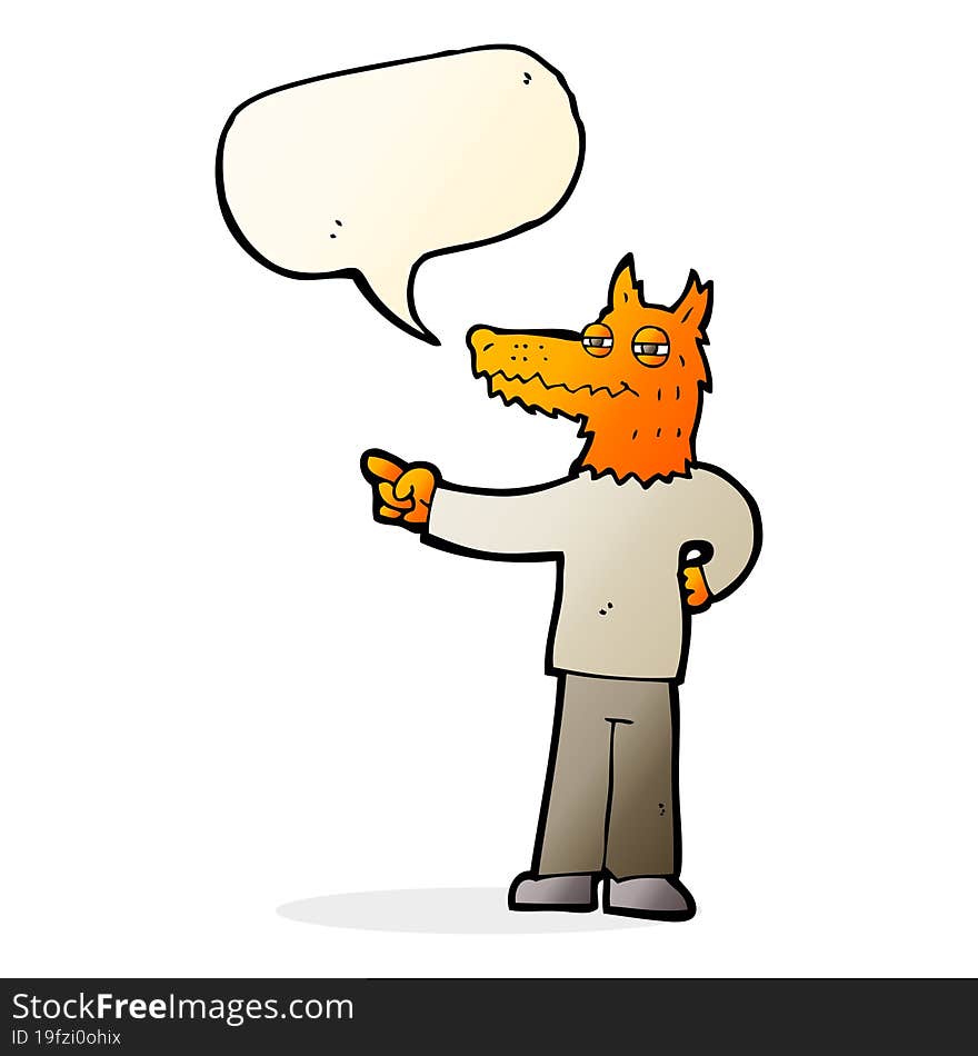 cartoon pointing fox man with speech bubble