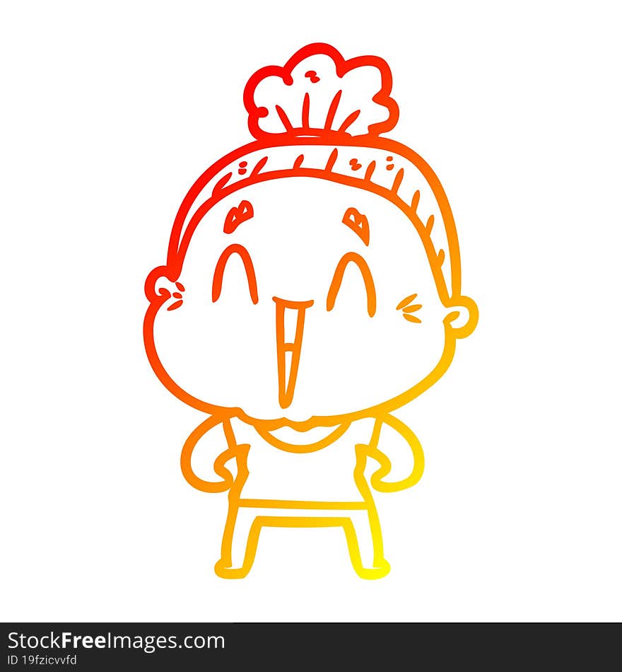 warm gradient line drawing of a cartoon happy old lady