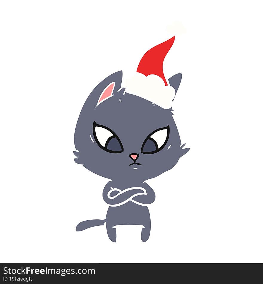 Confused Flat Color Illustration Of A Cat Wearing Santa Hat