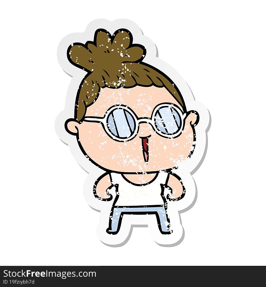 distressed sticker of a cartoon tough woman wearing spectacles