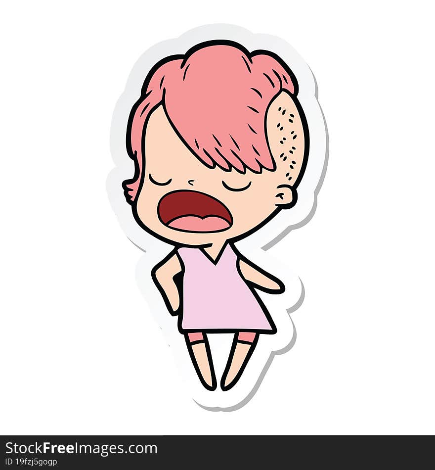 sticker of a cartoon cool hipster girl talking