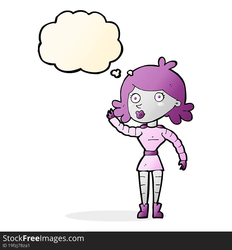 cartoon robot woman waving with thought bubble