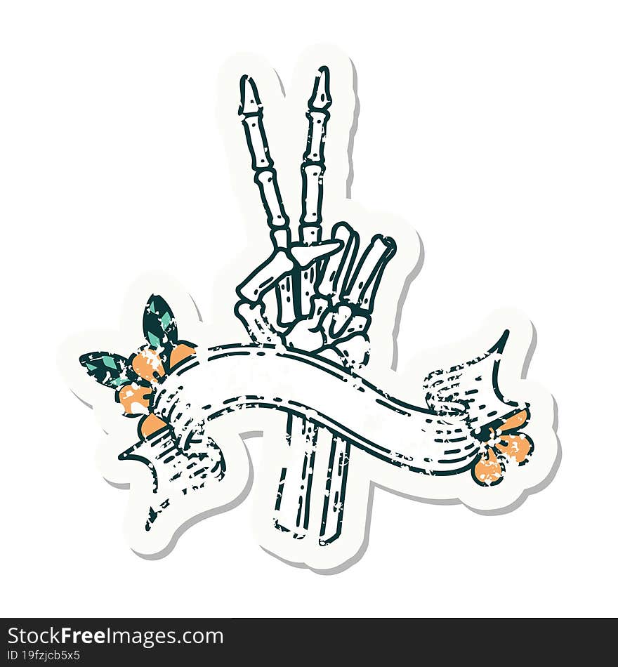 grunge sticker with banner of a skeleton hand giving a peace sign