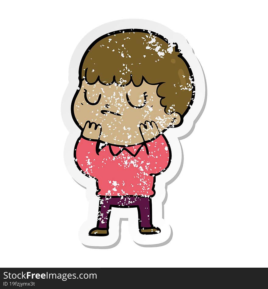 distressed sticker of a cartoon grumpy boy