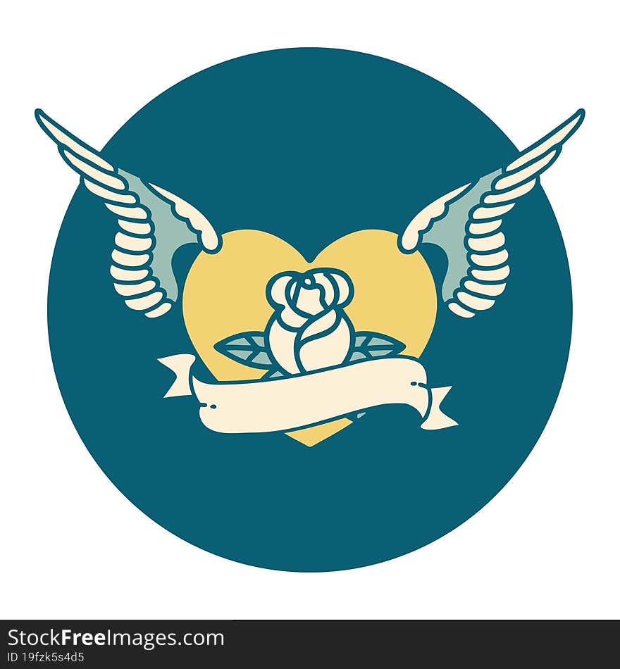 Tattoo Style Icon Of A Flying Heart With Flowers And Banner