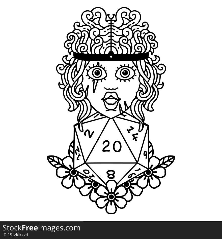 Black and White Tattoo linework Style human barbarian with natural twenty dice roll. Black and White Tattoo linework Style human barbarian with natural twenty dice roll