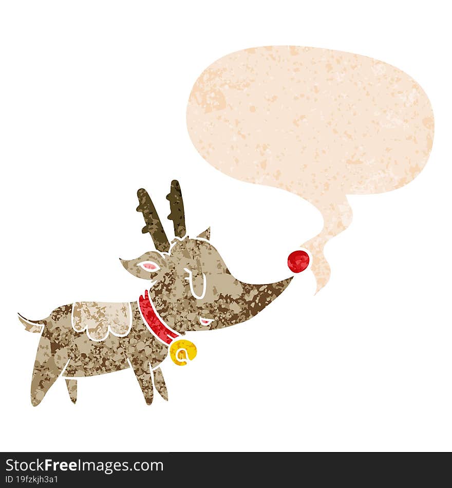 cartoon christmas reindeer and speech bubble in retro textured style