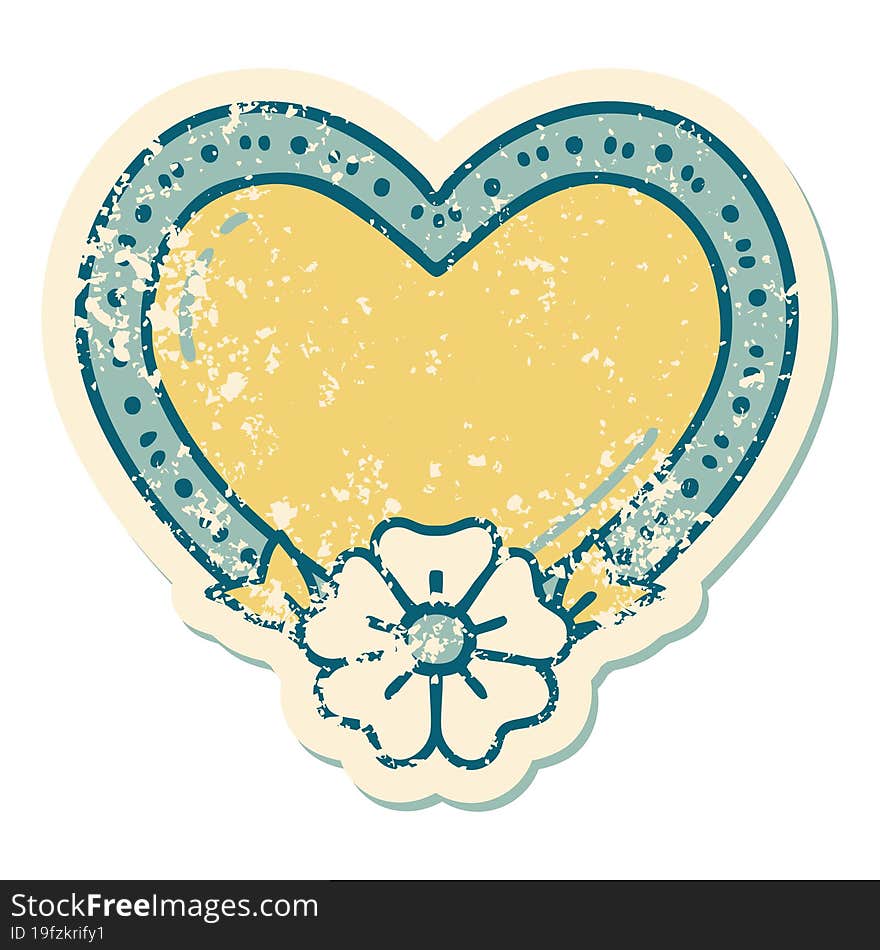 distressed sticker tattoo style icon of a heart and flower