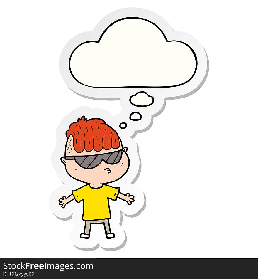 cartoon boy wearing sunglasses and thought bubble as a printed sticker