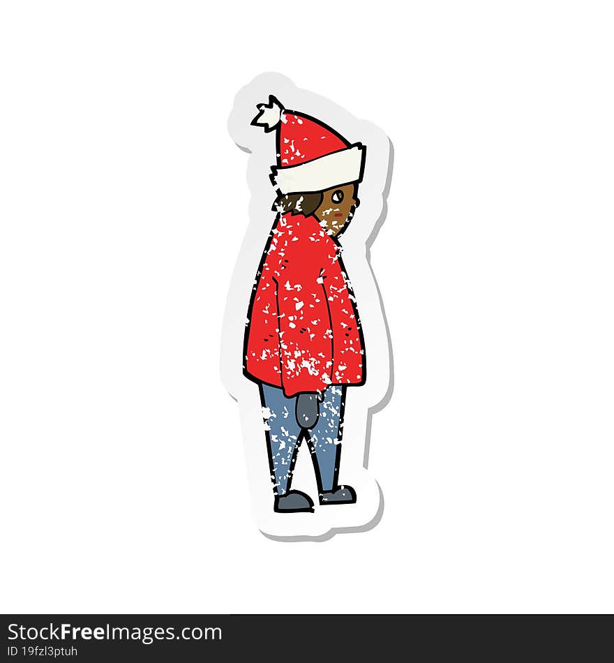 retro distressed sticker of a cartoon person in winter clothes