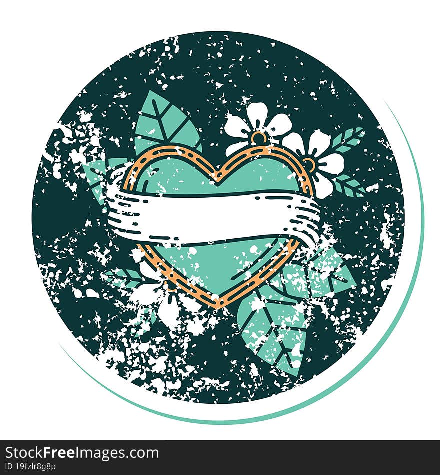 Distressed Sticker Tattoo Style Icon Of A Heart And Banner