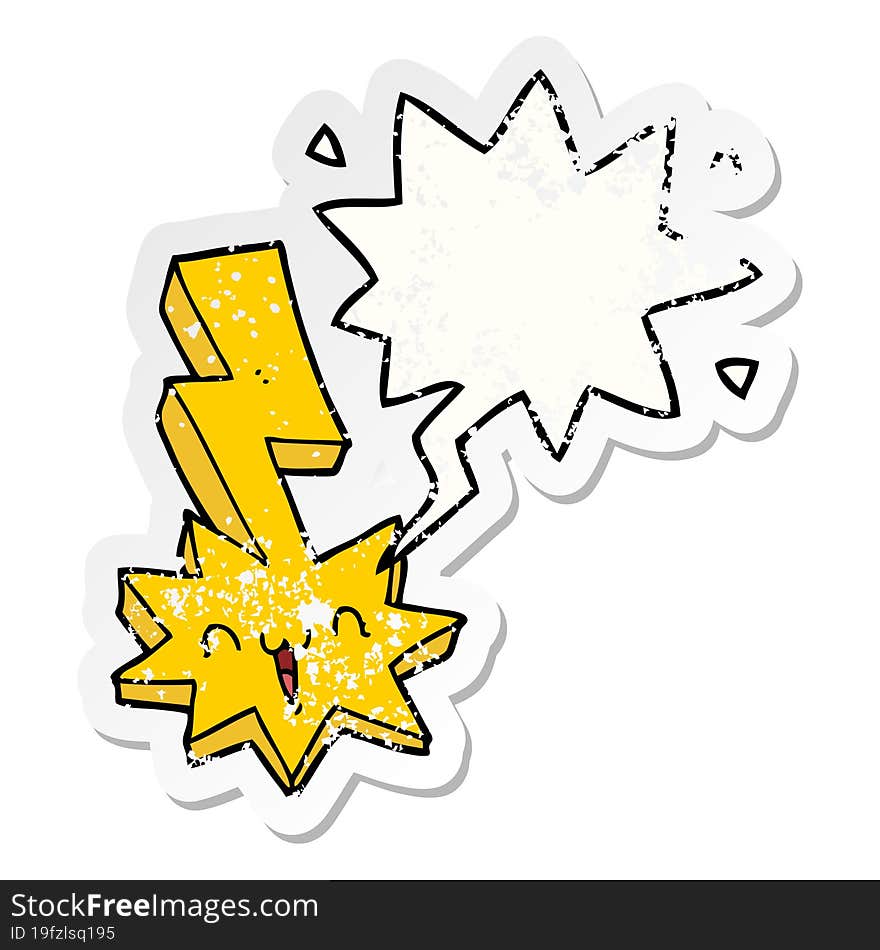 cartoon lightning bolt with speech bubble distressed distressed old sticker. cartoon lightning bolt with speech bubble distressed distressed old sticker