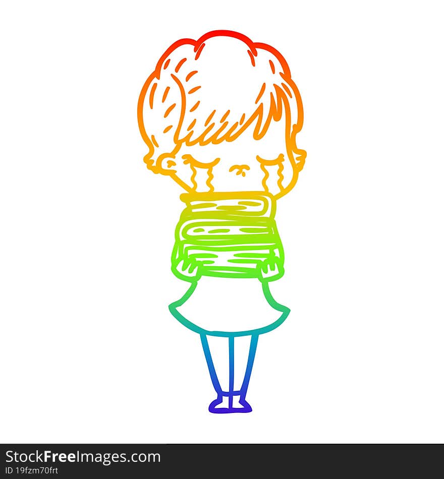 rainbow gradient line drawing of a cartoon woman crying