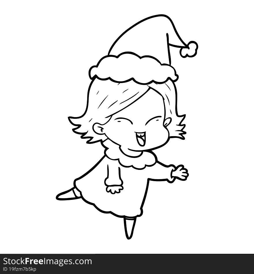 happy line drawing of a girl wearing santa hat