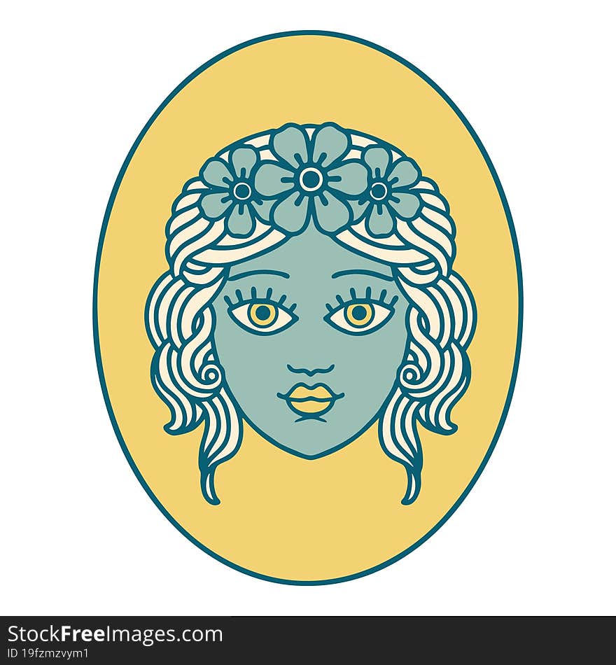 Tattoo Style Icon Of A Maiden With Crown Of Flowers