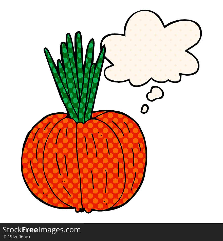 cartoon vegetable with thought bubble in comic book style