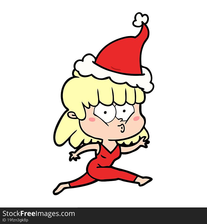 Line Drawing Of A Woman Running Wearing Santa Hat