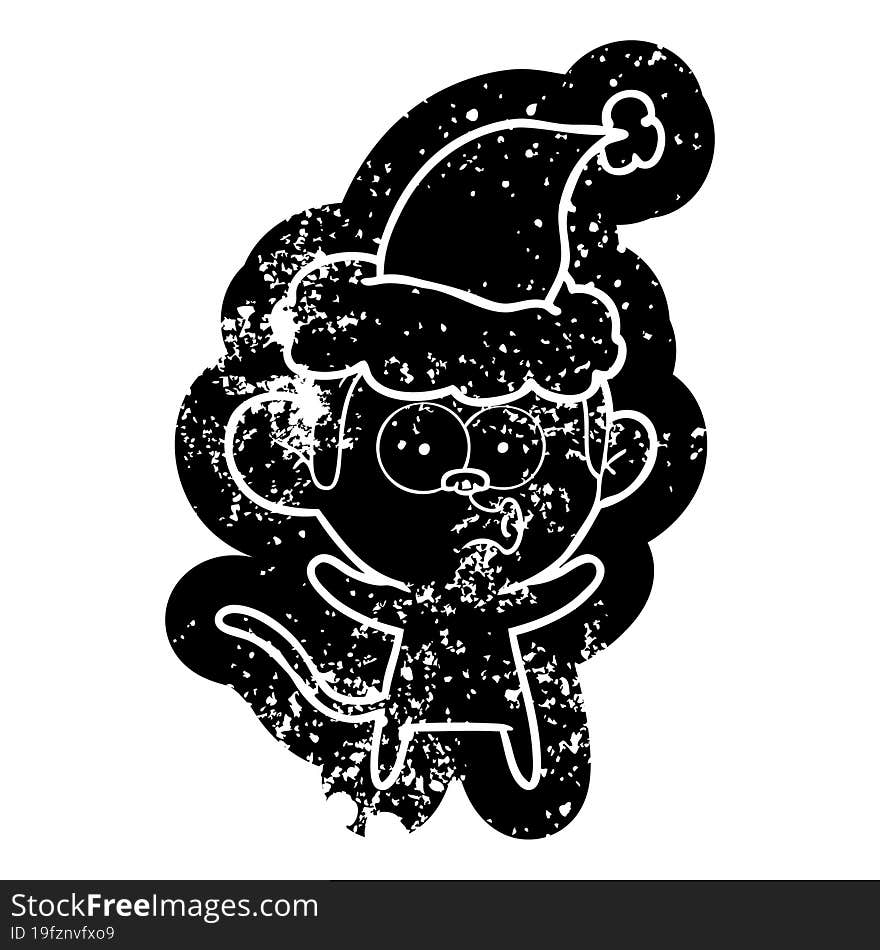 cartoon distressed icon of a surprised monkey wearing santa hat