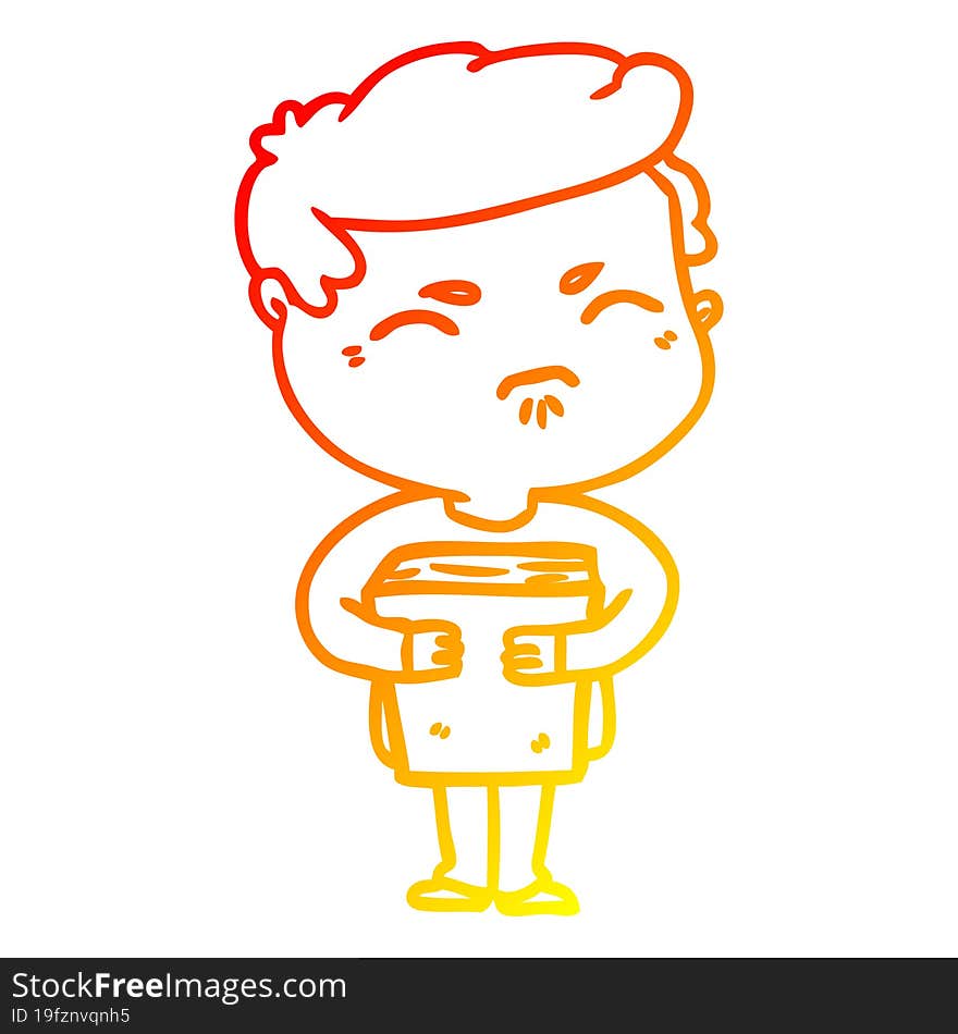 warm gradient line drawing of a cartoon annoyed man with book