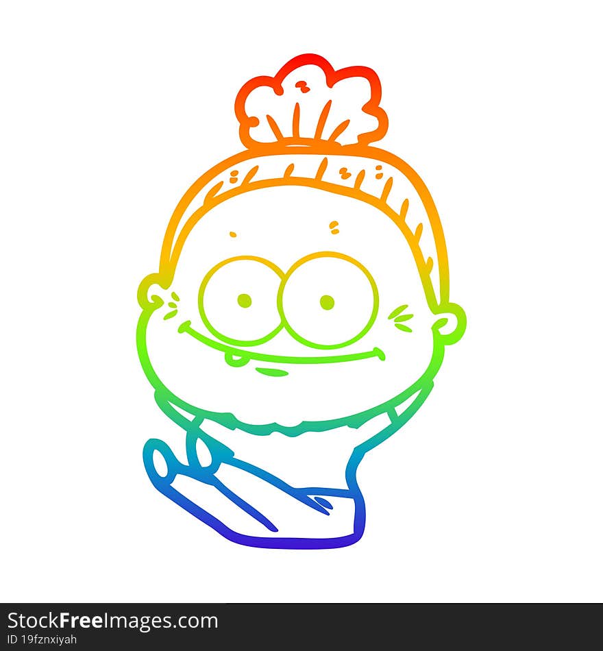 rainbow gradient line drawing of a cartoon happy old woman