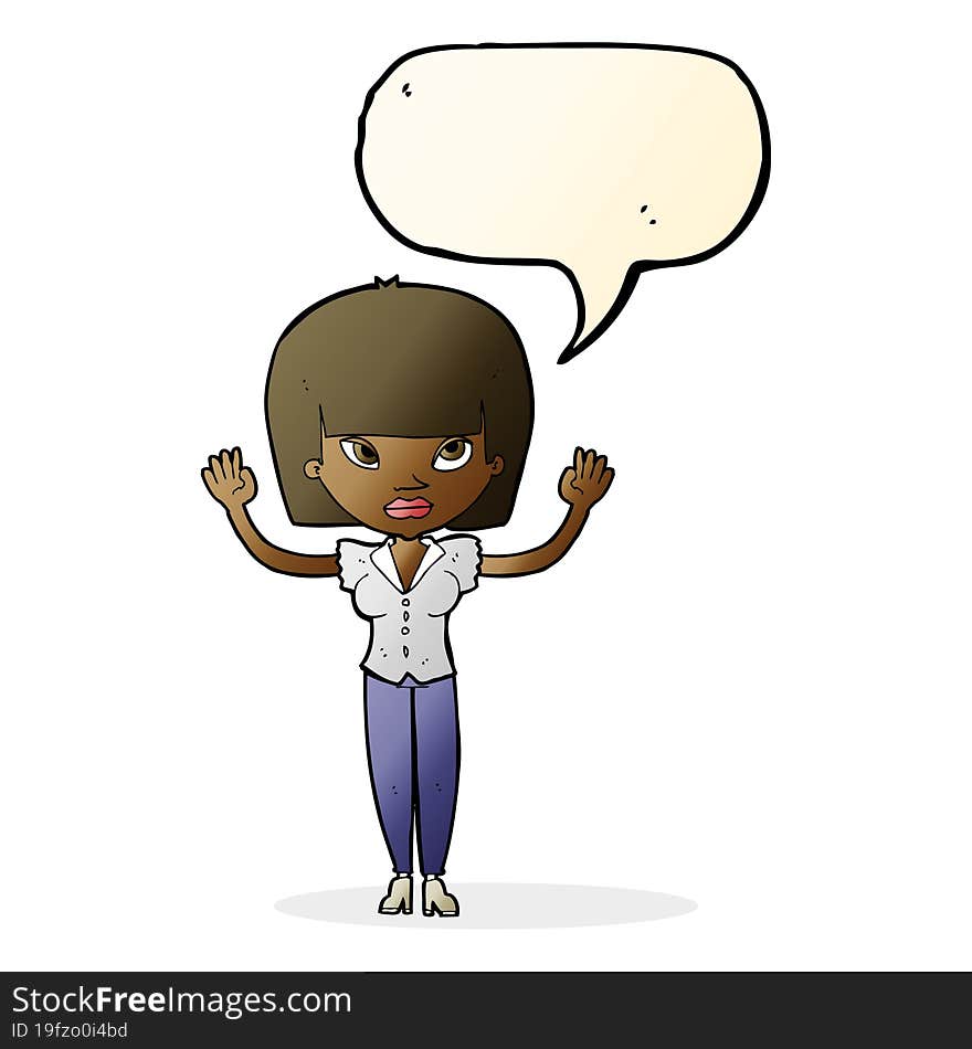 cartoon woman with raised hands with speech bubble