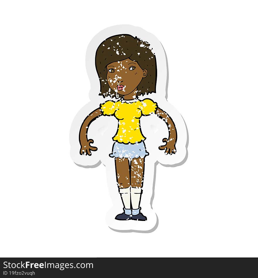 retro distressed sticker of a cartoon woman looking sideways