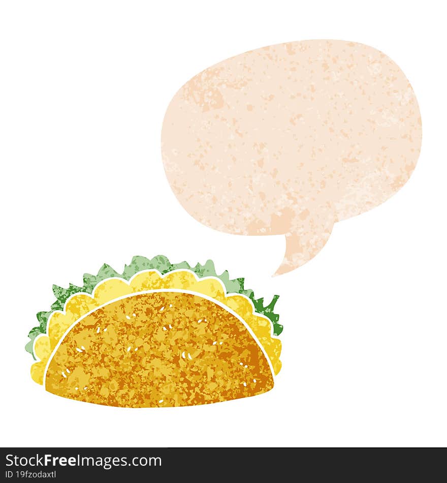 cartoon taco and speech bubble in retro textured style