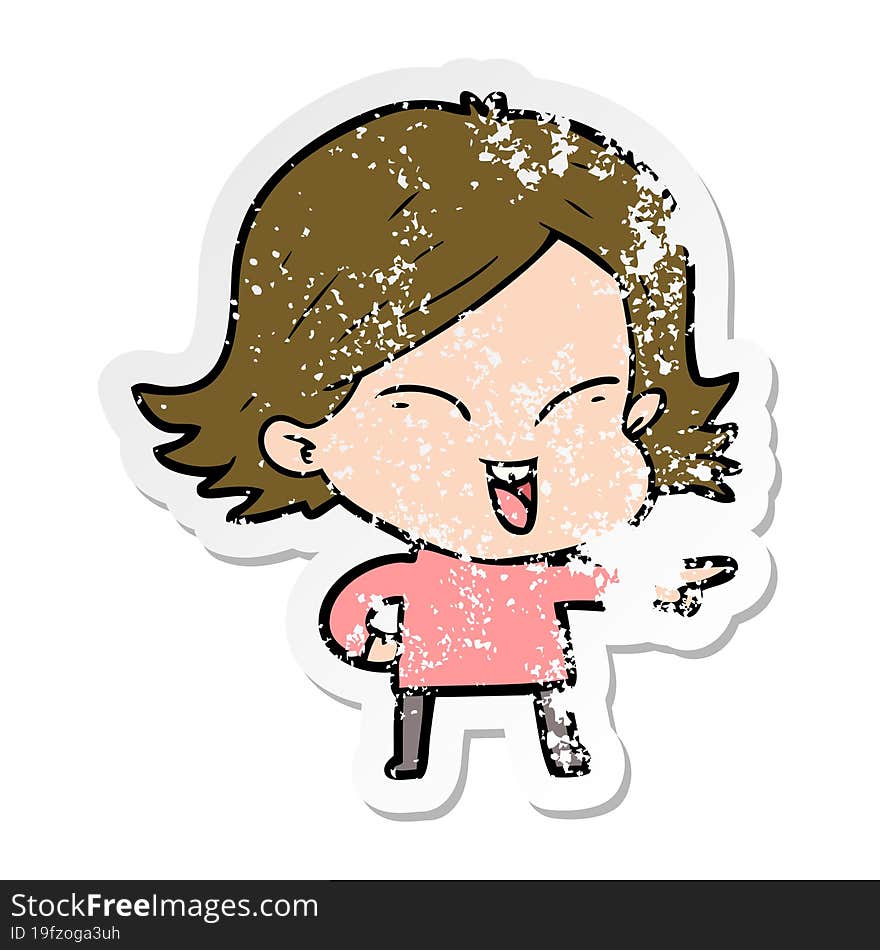 distressed sticker of a happy cartoon girl