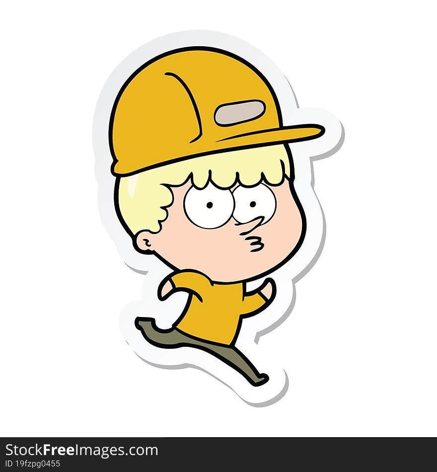 Sticker Of A Cartoon Man In Builders Hat Running