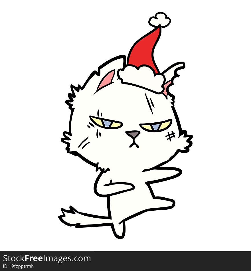 tough line drawing of a cat wearing santa hat