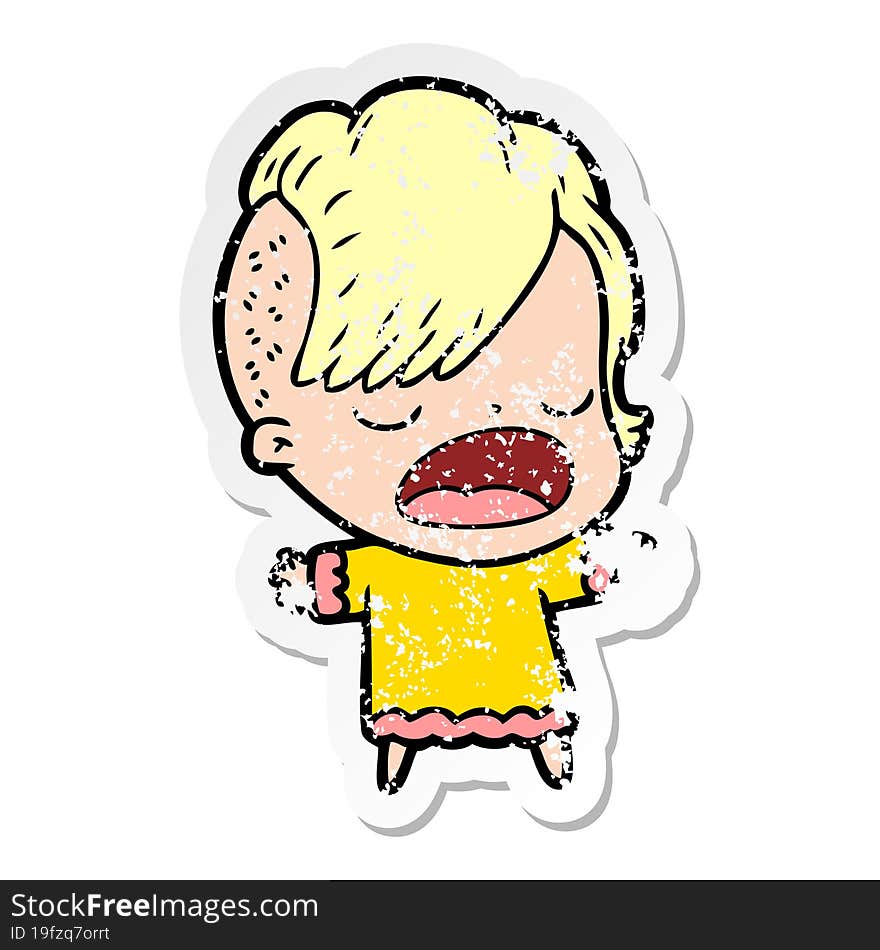 distressed sticker of a cartoon cool hipster girl talking